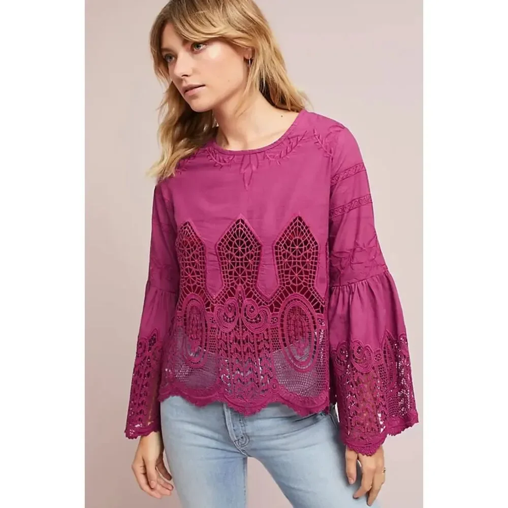 Anthropologie Bell-Sleeve Lace BOHO Pullover by Chloe Oliver Raspberry Sz S